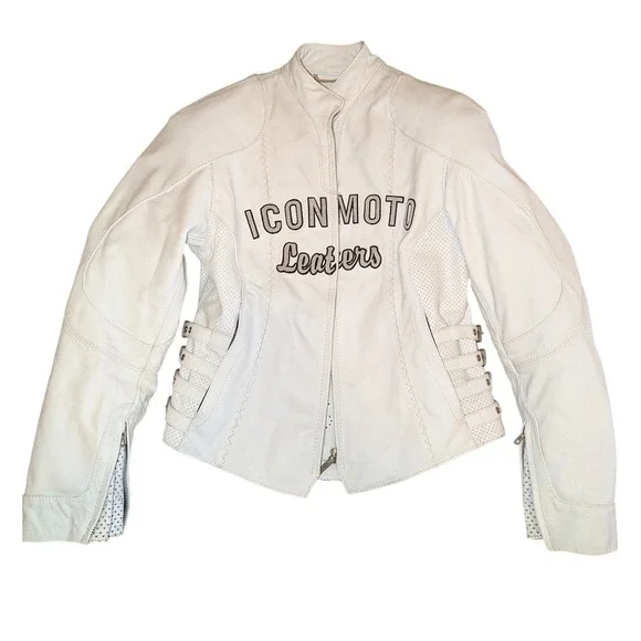 Icon Moto Leathers White Leather Motorcycle Biker Riding Jacket Buckle Side Sm - Picture 13 of 16
